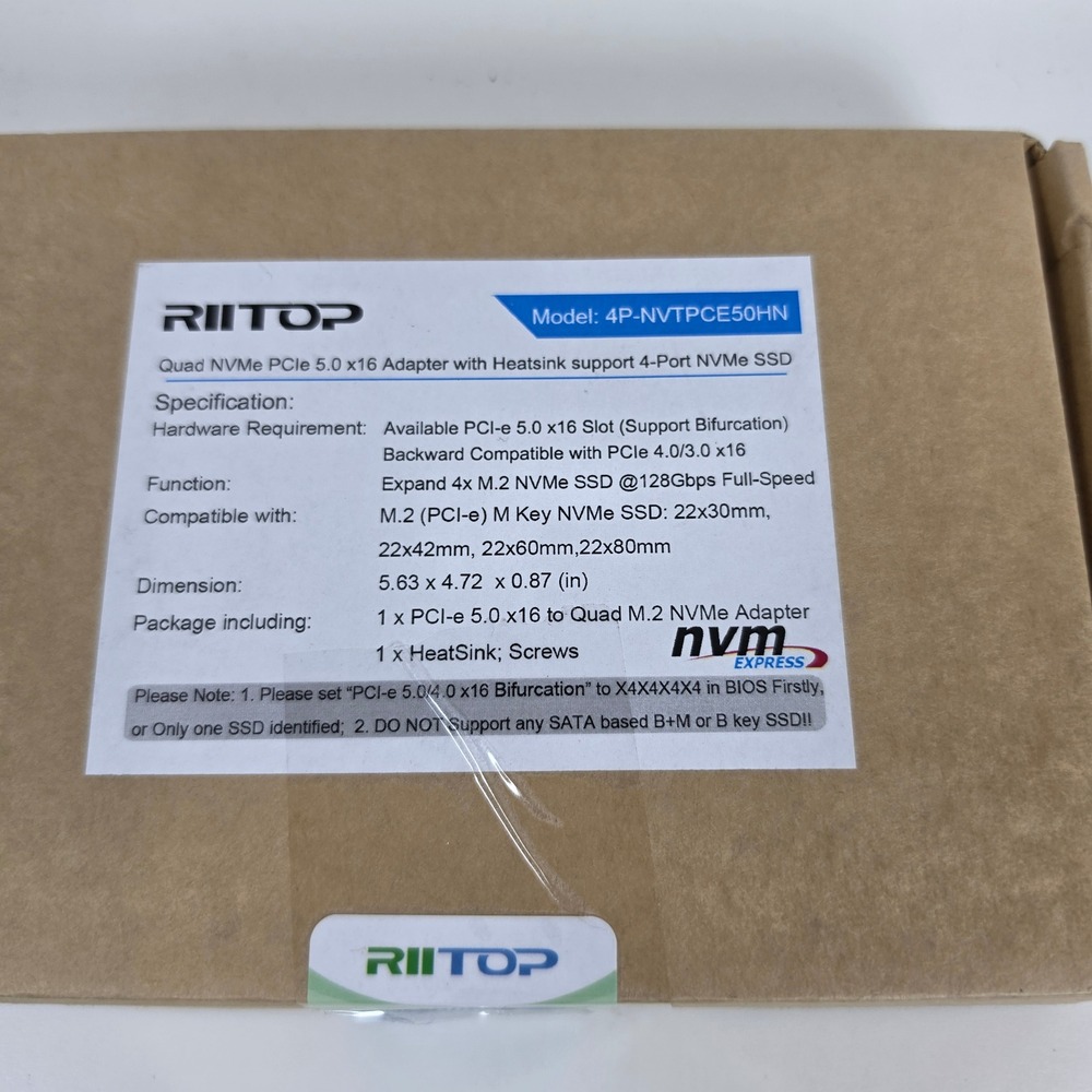 RIITOP Quad NVMe PCIe 5.0 x16 Adapter Card with Heatsink 4P-NVTPCE50HN